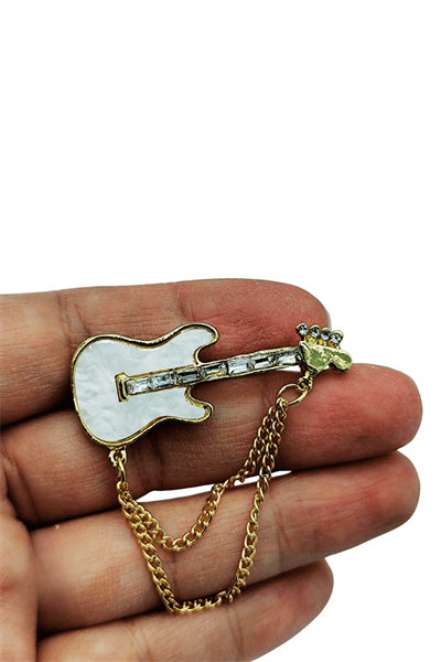 Rock Star Gitar Figürlü Zincir Detaylı Gold Broş