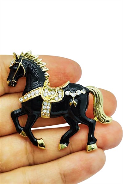 Siyah & Beyaz At Broş - Kristal Taşlı Zarif Horse Brooch | Şık Hayvan Figürlü Aksesuar