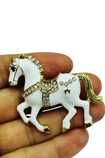 Siyah & Beyaz At Broş - Kristal Taşlı Zarif Horse Brooch | Şık Hayvan Figürlü Aksesuar