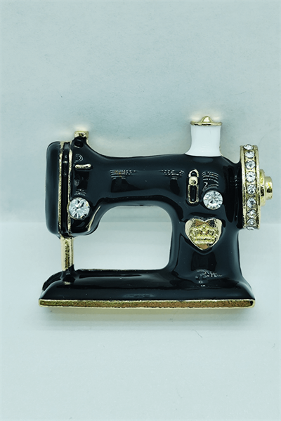 Vintage Dikiş Makinesi Figürlü Siyah Tasarım Broş
