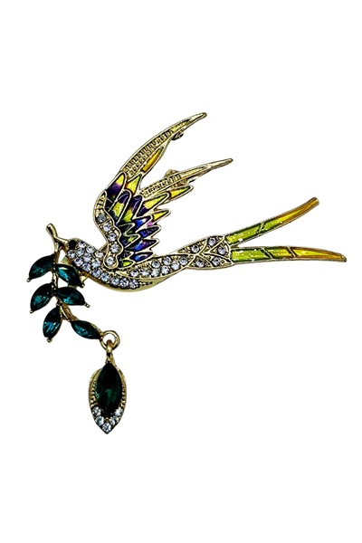 Zümrüt Yeşili Taşlı Renkli Kuş Broş – Kristal Taşlı Zarif Bird Brooch | Kadın Şık Aksesuar