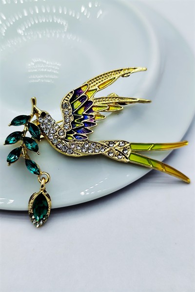 Zümrüt Yeşili Taşlı Renkli Kuş Broş – Kristal Taşlı Zarif Bird Brooch | Kadın Şık Aksesuar