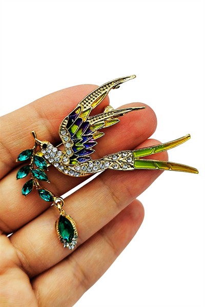 Zümrüt Yeşili Taşlı Renkli Kuş Broş – Kristal Taşlı Zarif Bird Brooch | Kadın Şık Aksesuar