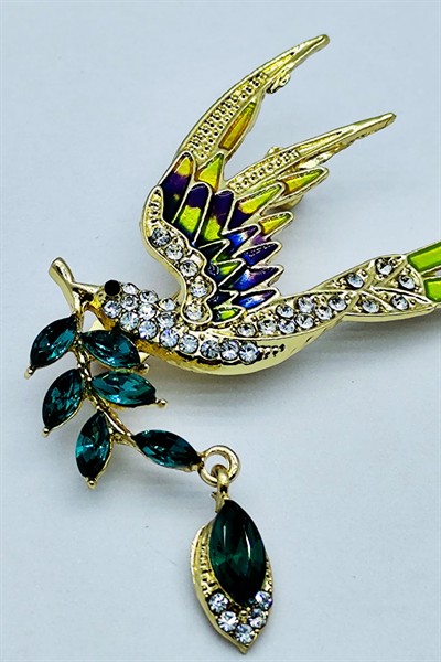 Zümrüt Yeşili Taşlı Renkli Kuş Broş – Kristal Taşlı Zarif Bird Brooch | Kadın Şık Aksesuar