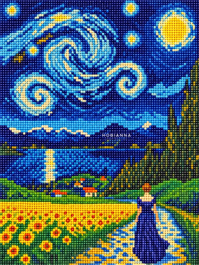 Hobby Mood Elmas Mozaik Tablo Kiti - Ayçiçeği Tarlasında Yıldızlı Gece (30x40 cm) - GD90862