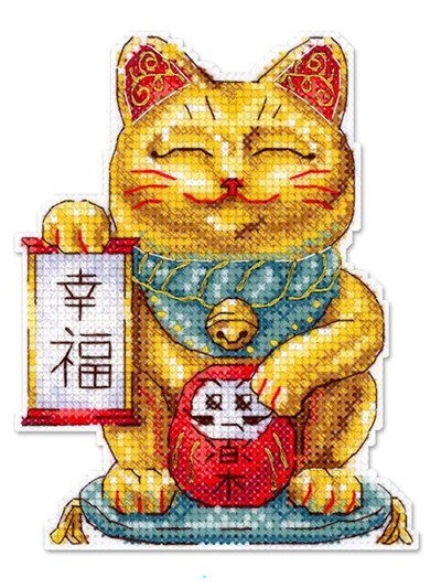 MP Studia Golden Maneki-Neko Plastic Canvas Cross Stitch Kit (Plastic Canvas, Threads & Chart Included) - P-1334