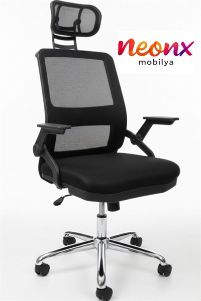 Neonx|Diloş Başlıklı Çalışma Sandalyesi Demir Ayaklı Oynar Kollu 