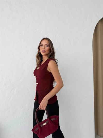 AKSESUAR DETAY YIRTMAÇLI OTTOMAN BLUZ BORDO