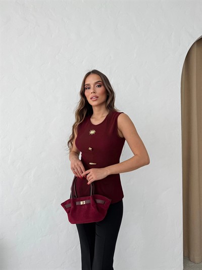 AKSESUAR DETAY YIRTMAÇLI OTTOMAN BLUZ BORDO