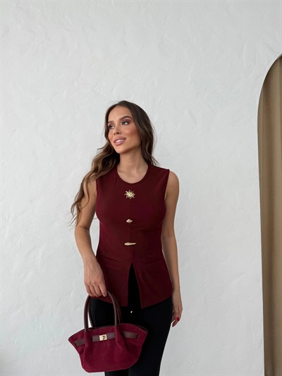 AKSESUAR DETAY YIRTMAÇLI OTTOMAN BLUZ BORDO