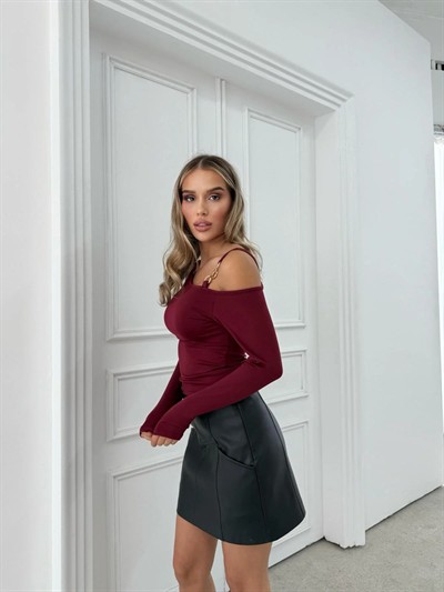 AKSESUAR KAYIK YAKA DETAY BLUZ BORDO