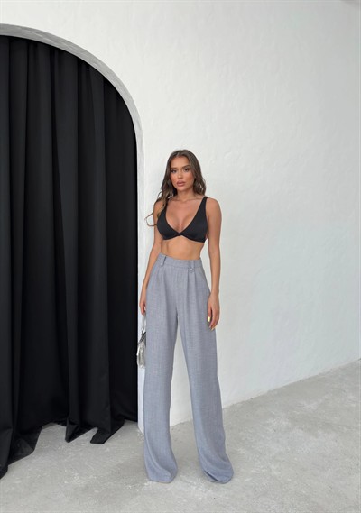APOLET KEMER DETAY PİLELİ PALAZZO KETEN PANTOLON GRİ