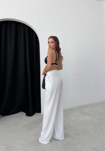 APOLET KEMER DETAY PİLELİ PALAZZO KETEN PANTOLON BEYAZ