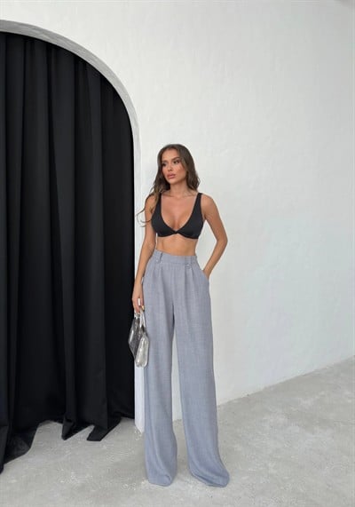 APOLET KEMER DETAY PİLELİ PALAZZO KETEN PANTOLON GRİ