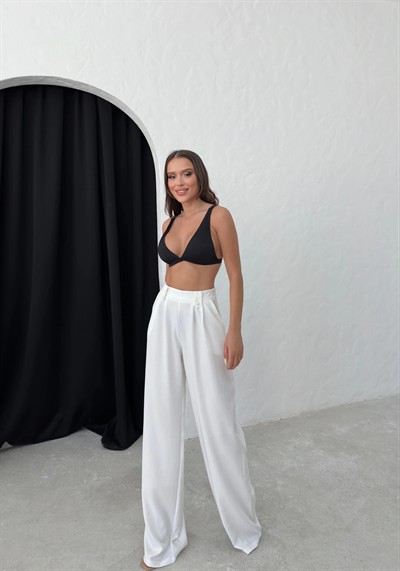 APOLET KEMER DETAY PİLELİ PALAZZO KETEN PANTOLON BEYAZ