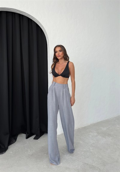APOLET KEMER DETAY PİLELİ PALAZZO KETEN PANTOLON GRİ