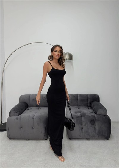 ASKI AYARLI UZUN KALEM SANDY ELBİSE SİYAH