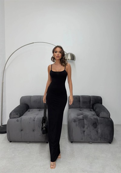 ASKI AYARLI UZUN KALEM SANDY ELBİSE SİYAH