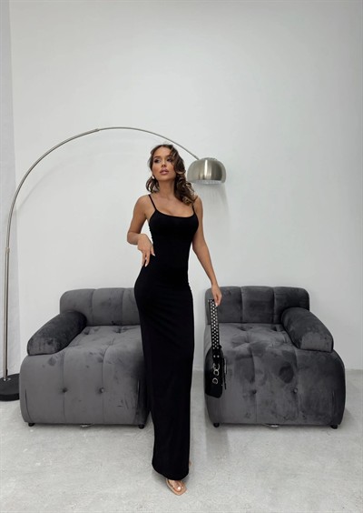 ASKI AYARLI UZUN KALEM SANDY ELBİSE SİYAH