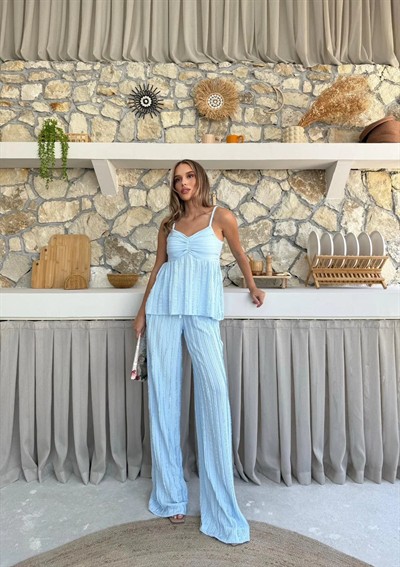 ASKI TERS DİKİŞ DETAY BLUZ VE PANTOLON GÖFRE İKİLİ TAKIM MAVİ