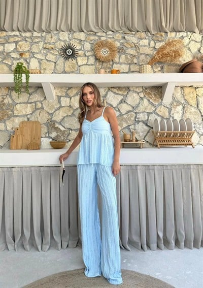 ASKI TERS DİKİŞ DETAY BLUZ VE PANTOLON GÖFRE İKİLİ TAKIM MAVİ