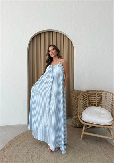 ASKILI ÇİZGİLİ UZUN KETEN ELBİSE MAVİ