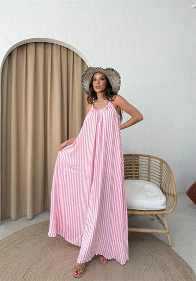 ASKILI ÇİZGİLİ UZUN KETEN ELBİSE PEMBE