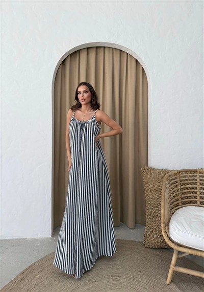 ASKILI ÇİZGİLİ UZUN KETEN ELBİSE SİYAH