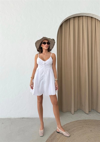 ASKILI DÜĞME DETAY ELBİSE BEYAZ