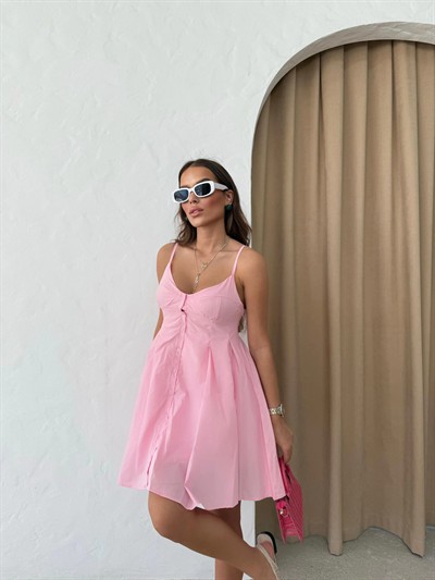 ASKILI DÜĞME DETAY ELBİSE PEMBE