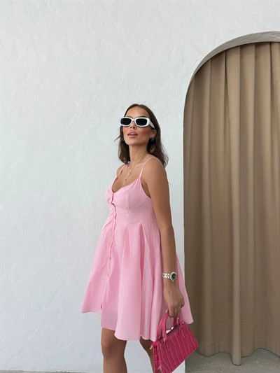 ASKILI DÜĞME DETAY ELBİSE PEMBE