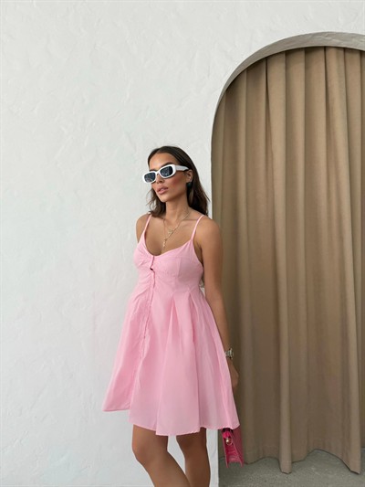 ASKILI DÜĞME DETAY ELBİSE PEMBE