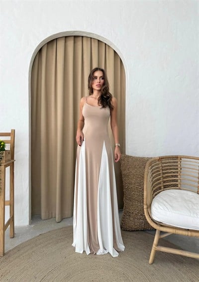 ASKILI ETEK GARNELİ ELBİSE BEJ