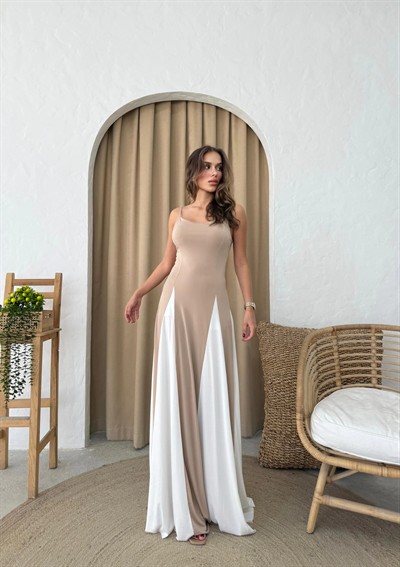 ASKILI ETEK GARNELİ ELBİSE BEJ