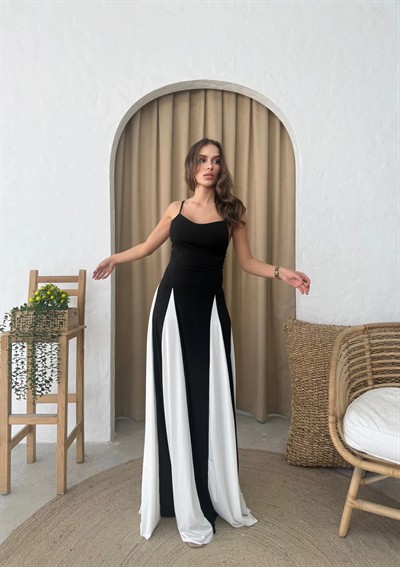 ASKILI ETEK GARNELİ ELBİSE SİYAH