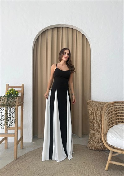 ASKILI ETEK GARNELİ ELBİSE SİYAH