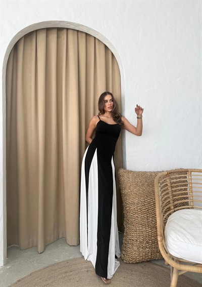 ASKILI ETEK GARNELİ ELBİSE SİYAH