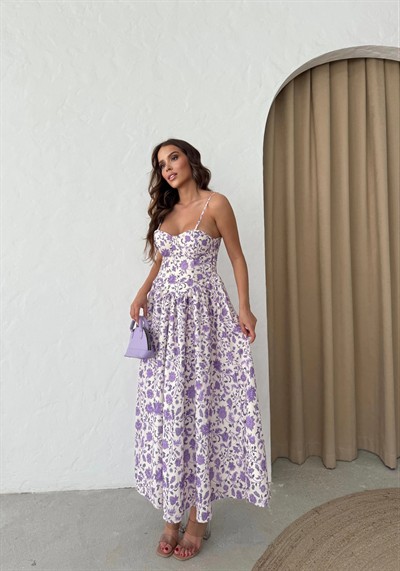 ASKILI GLOPLU DESENLİ UZUN ELBİSE LİLA
