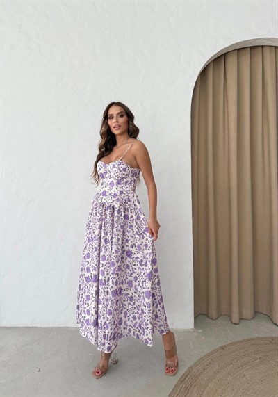 ASKILI GLOPLU DESENLİ UZUN ELBİSE LİLA