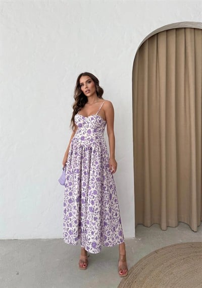 ASKILI GLOPLU DESENLİ UZUN ELBİSE LİLA