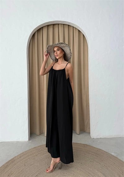 ASKILI İÇ ASTARLI KETEN UZUN ELBİSE SİYAH