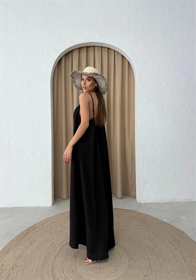 ASKILI İÇ ASTARLI KETEN UZUN ELBİSE SİYAH