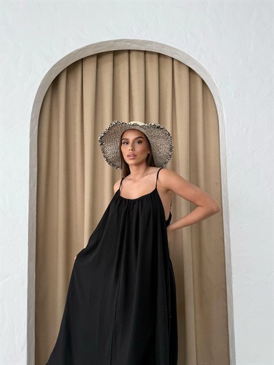 ASKILI İÇ ASTARLI KETEN UZUN ELBİSE SİYAH