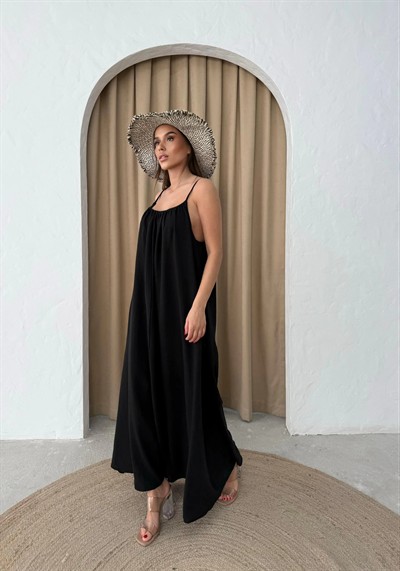 ASKILI İÇ ASTARLI KETEN UZUN ELBİSE SİYAH