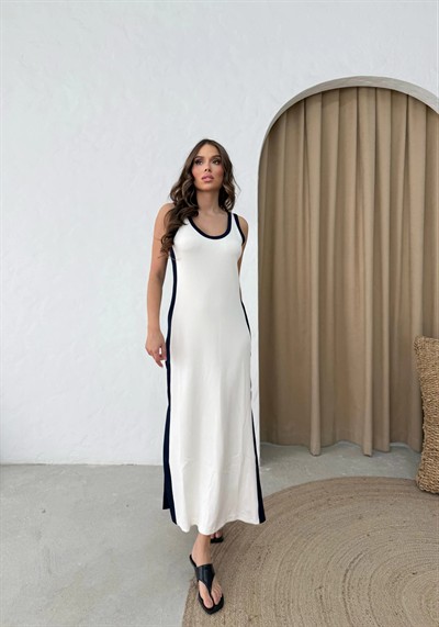 ASKILI MODAL KUMAŞ ŞERİT DETAY YIRTMAÇLI UZUN ELBİSE BEYAZ
