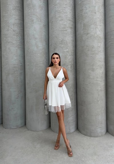 ASKILI TÜL DETAY ELBİSE BEYAZ