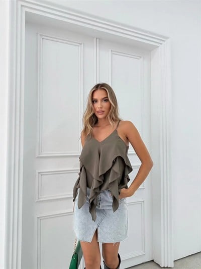 ASKILI VOLANLI BLUZ HAKİ