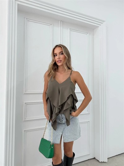 ASKILI VOLANLI BLUZ HAKİ