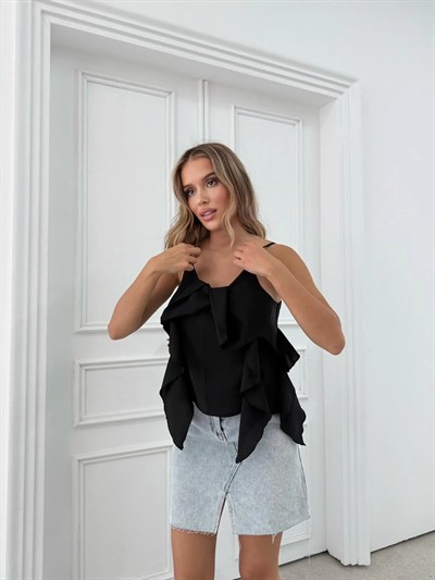 ASKILI VOLANLI BLUZ SİYAH