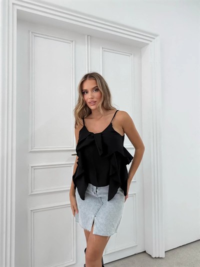 ASKILI VOLANLI BLUZ SİYAH